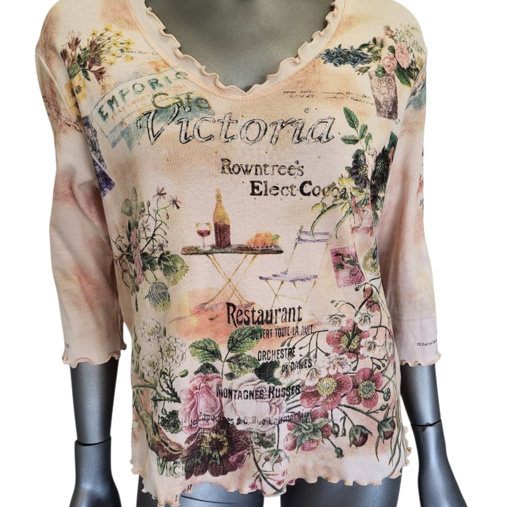 169B. Cactus Women's Long Sleeve Victoria Top - Pale Pink & Green - Size XL